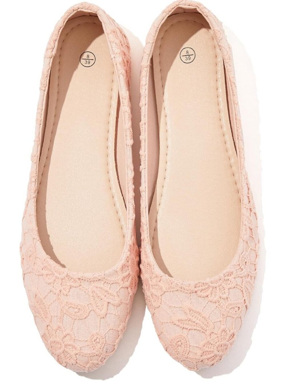 Women's Pink Round Toe Lace Mesh Ballet Flats Comfortable Low Heel Shoes